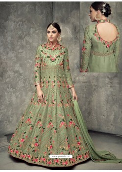 Green Tussar Silk Embroidered Designer Floor Length Anarkali Suit
