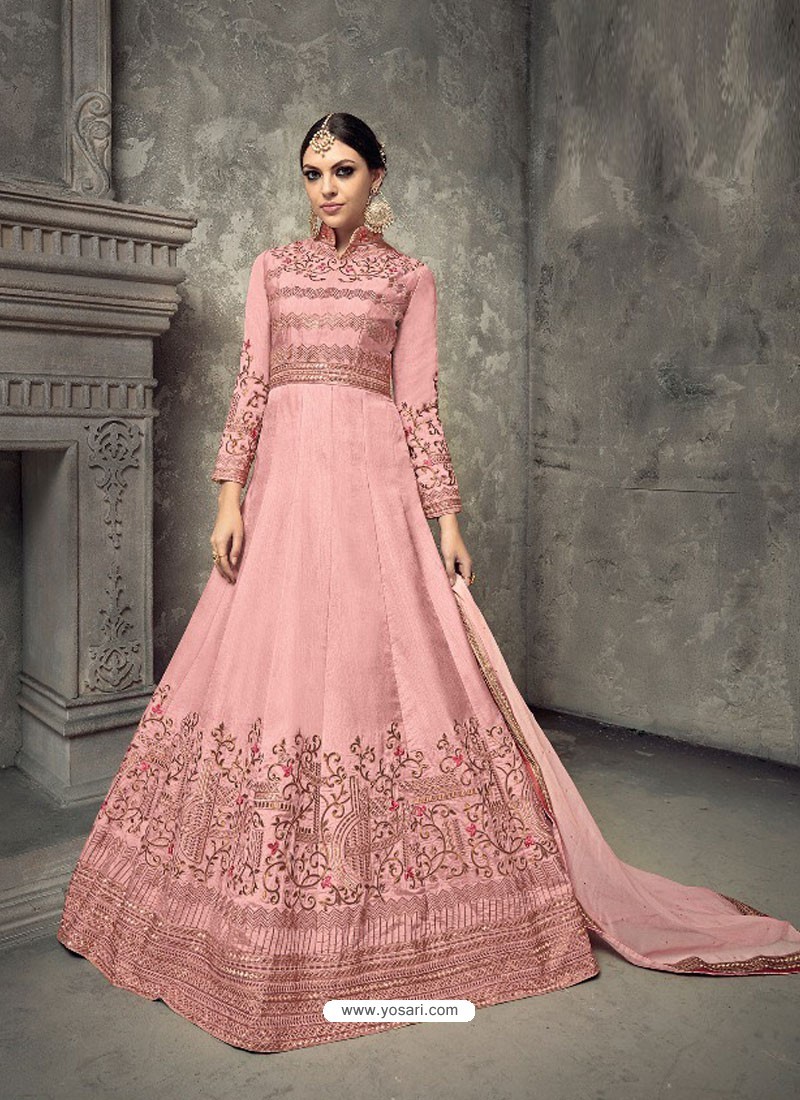 Light Pink Tussar Silk Embroidered Designer Floor Length Anarkali Suit