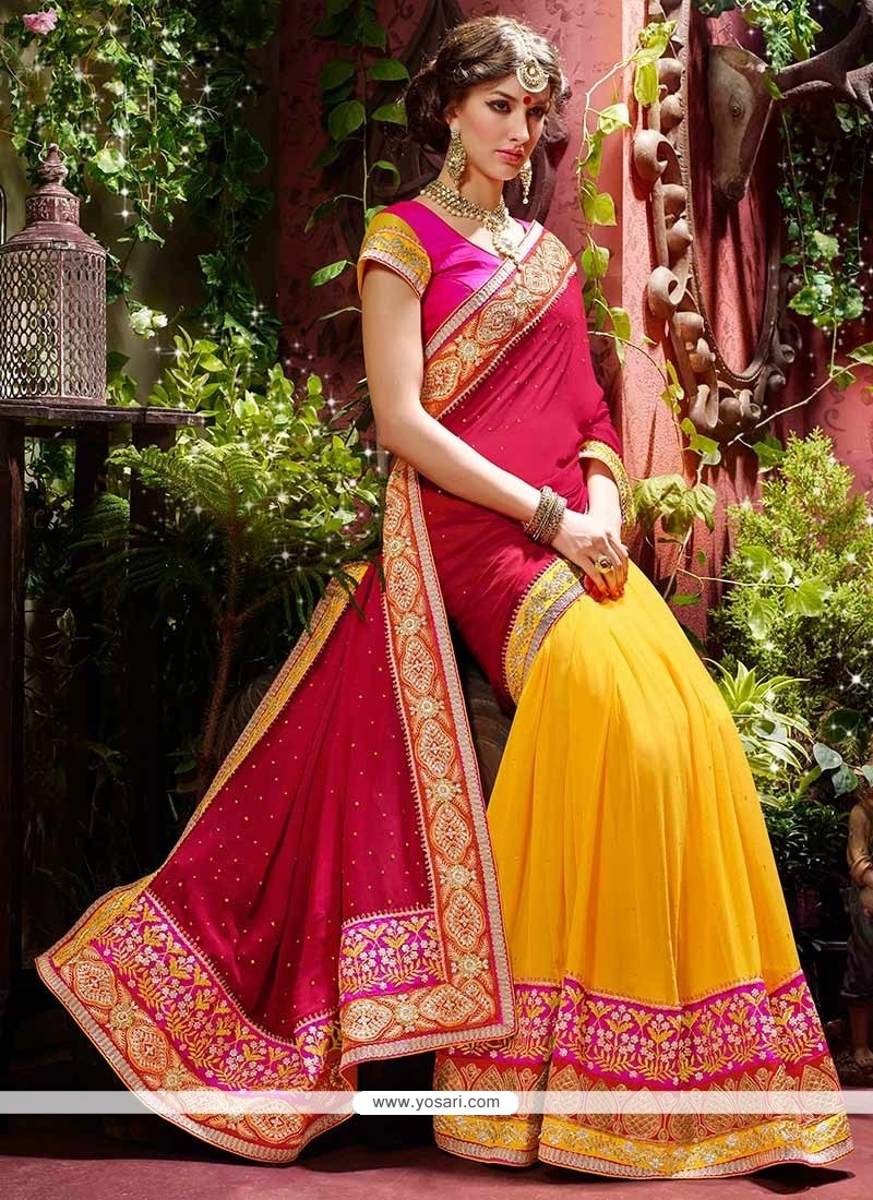 Awesome Pink And Yellow Faux Georgette Saree