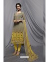 Grey And Yellow Georgette Designer Embroidered Straight Suit