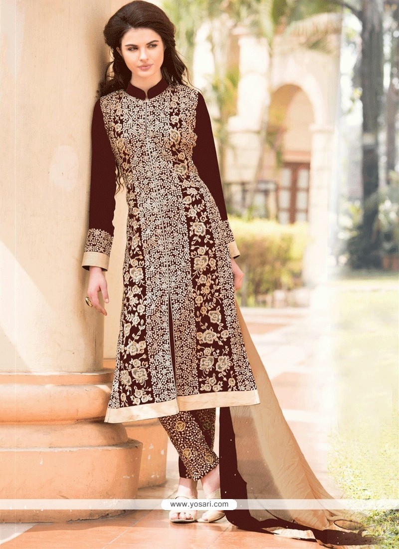 Enthralling Brown Georgette Pant Style Suit