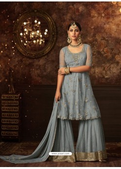 Grey Net Embroidered Designer Palazzo Suit