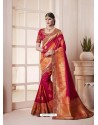 Red And Multi Colour Banarasi Silk Jacquard Designer Party Wear Saree