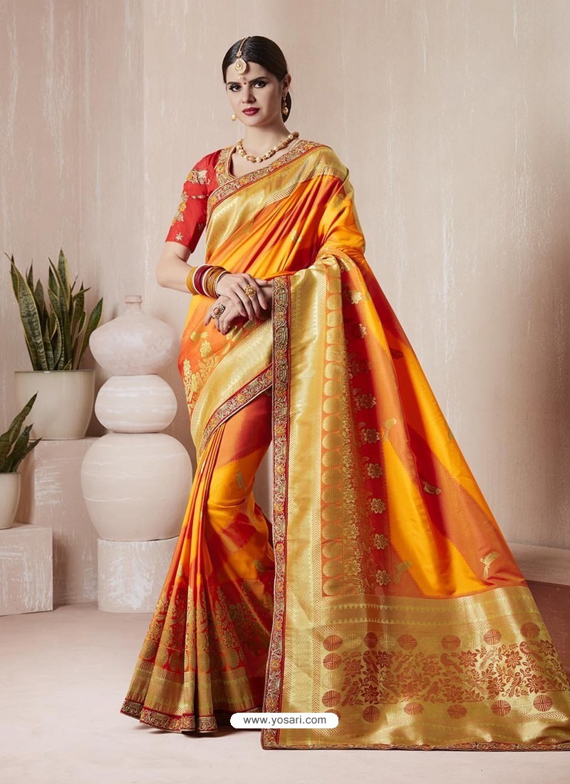 Buy Yellow Banarasi Silk Jacquard Designer Party Wear Saree | Party ...