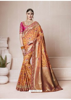 Rust Banarasi Silk Jacquard Designer Party Wear Saree