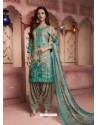 Aqua Mint And Grey Digital Printed Pure Cotton Designer Patiala Salwar Suit