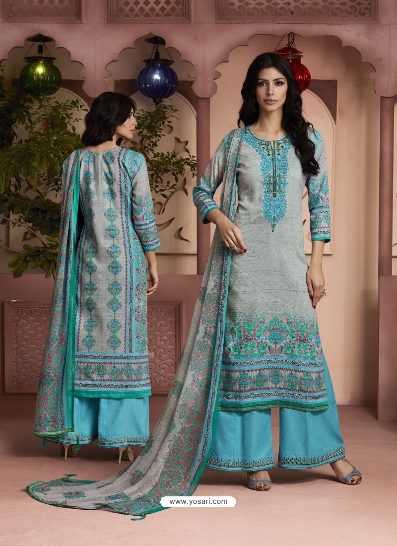 Buy Sky Blue And Grey Printed Pure Cotton Designer Palazzo Suit ...