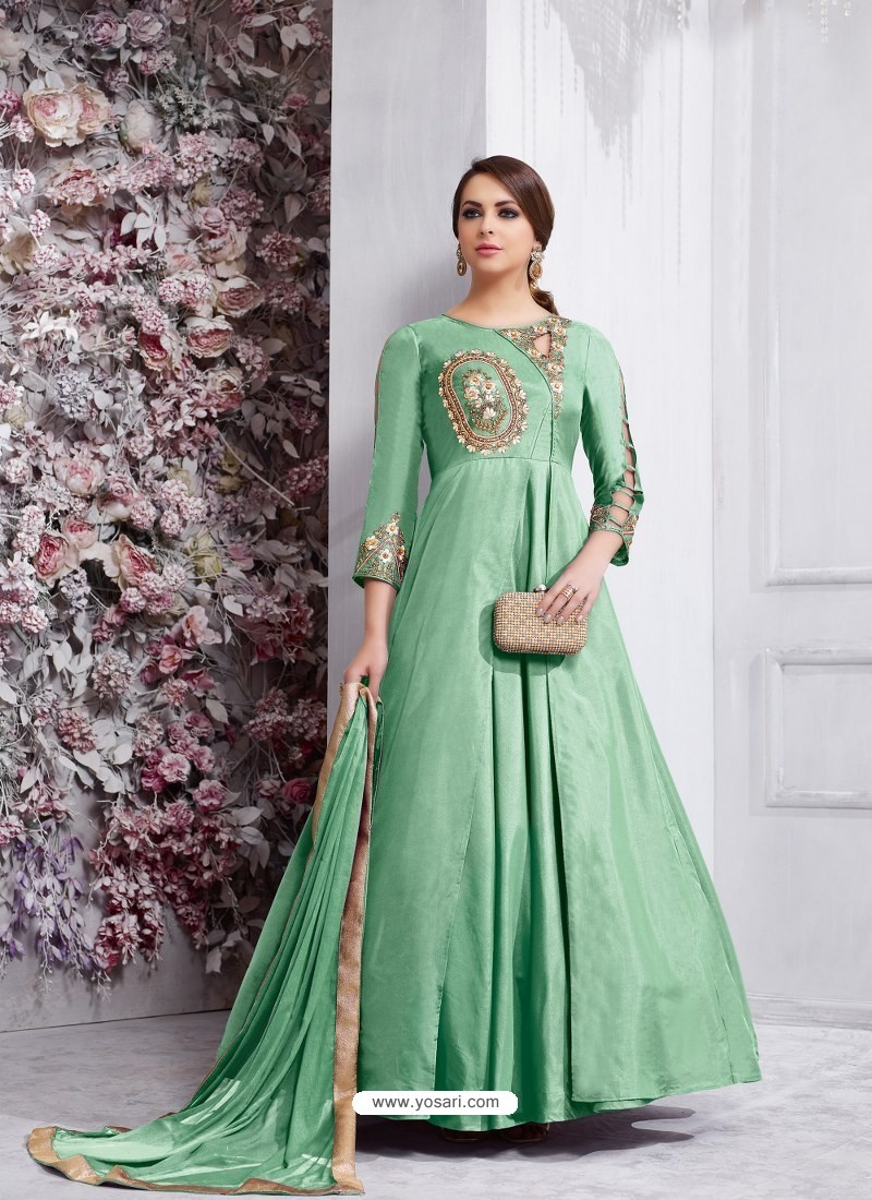 Buy Sea Green Soft Tapeta Silk Embroidered Designer Anarkali Suit ...