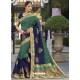 Decent Dark Green And Navy Blue Raw Silk Designer Woven Saree