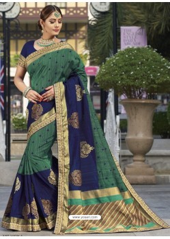 Decent Dark Green And Navy Blue Raw Silk Designer Woven Saree