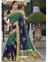 Decent Dark Green And Navy Blue Raw Silk Designer Woven Saree