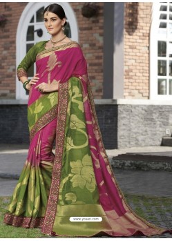 Green And Pink Raw Silk Designer Woven Saree