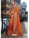 Orange And Red Raw Silk Designer Woven Saree