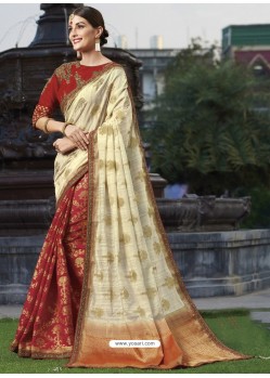 Light Beige And Red Raw Silk Designer Woven Saree