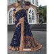 Feminine Navy Blue Raw Silk Designer Woven Saree