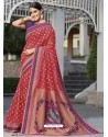 Amazing Crimson Raw Silk Designer Woven Saree