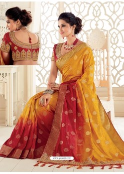 Yellow And Red Raw Silk Woven Designer Party Wear Saree