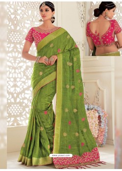 Green Raw Silk Woven Designer Party Wear Saree
