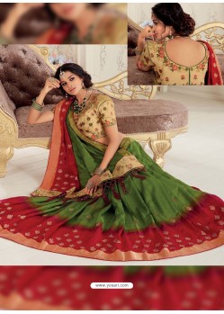 Forest Green And Red Raw Silk Woven Designer Party Wear Saree