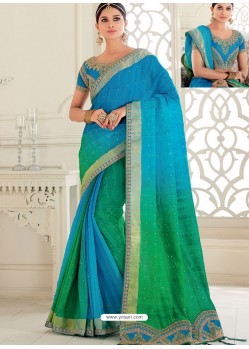 Blue And Green Raw Silk Woven Designer Party Wear Saree