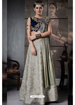 Gorgeous Olive Green And Navy Blue Jacquard Raw Silk Designer Lehenga Choli