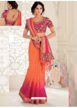 Orange And Pink Raw Silk Woven Designer Party Wear Saree