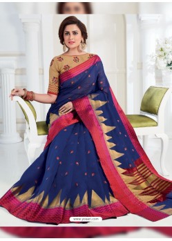 Mind Blowing Navy Blue Chanderi Cotton Designer Saree