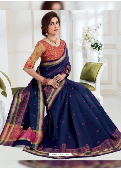 Pretty Navy Blue Chanderi Cotton Designer Saree