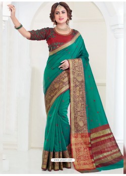 Heavenly Teal Chanderi Cotton Designer Saree