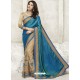 Teal Blue And Beige Chiffon Designer Party Wear Saree