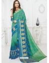 Dazzling Green And Turquoise Raw Silk Designer Woven Saree