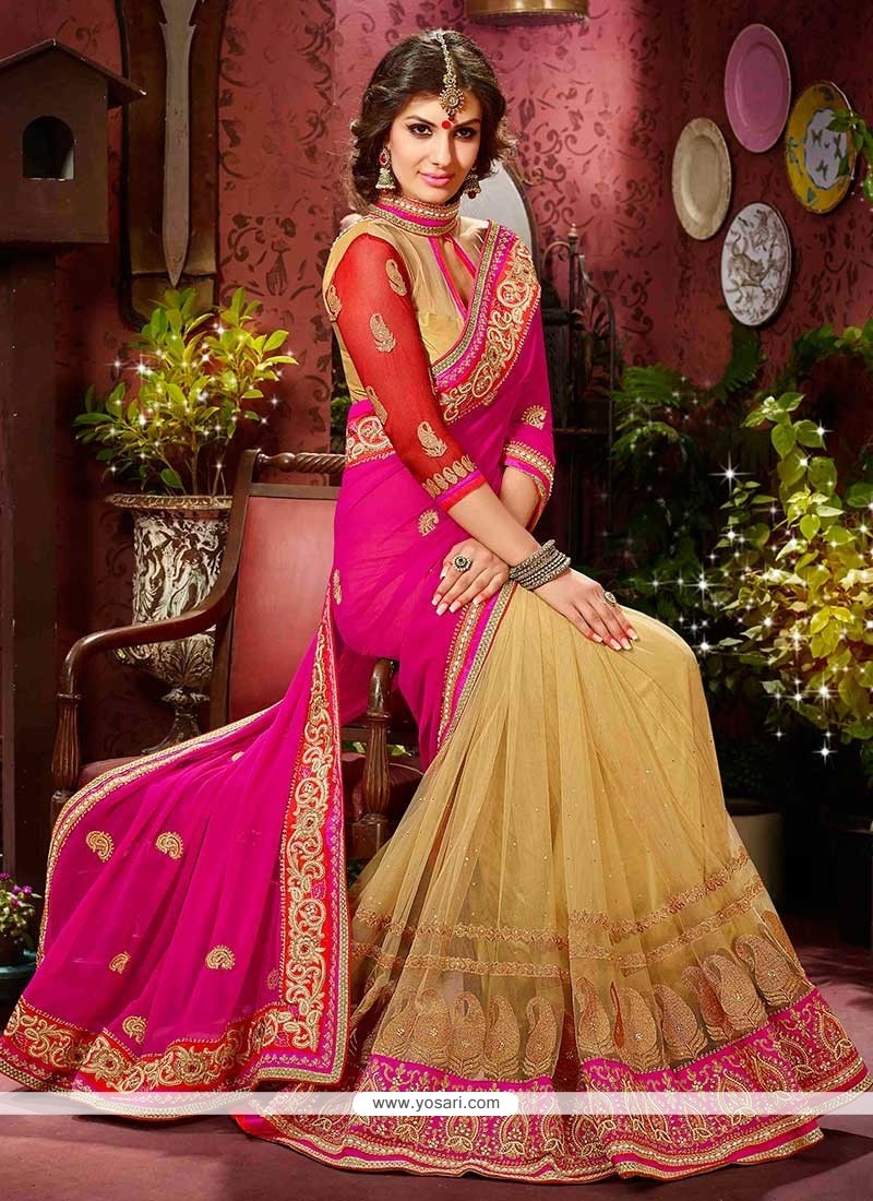 Beige And Pink Net And Faux Georgette Saree