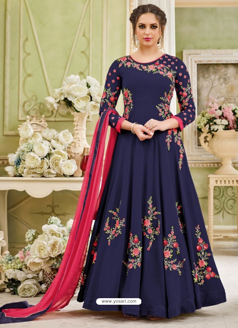 Buy Navy Blue Georgette Embroidered Designer Floor Length Anarkali Suit ...