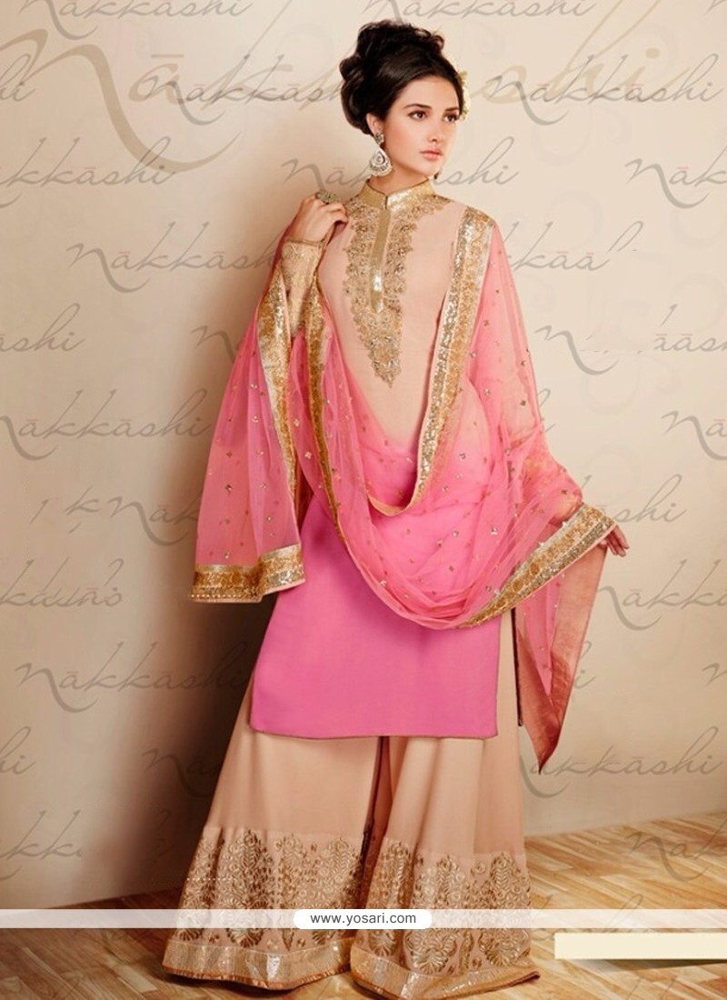 Cream And Pink Shaded Georgette Palazzo Suit