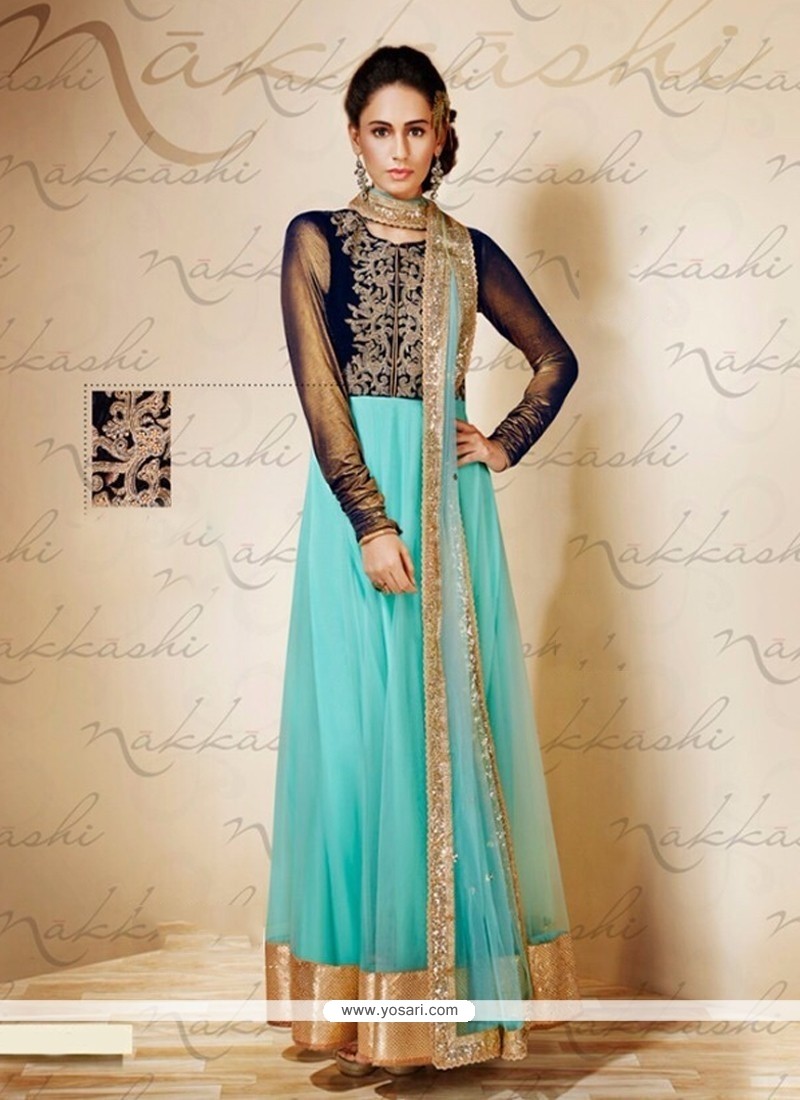 Awesome Blue Net And Velvet Anarkali Suit