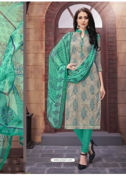 Grey And Jade Green Poly Cotton Designer Printed Churidar Suit