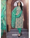 Grey And Jade Green Poly Cotton Designer Printed Churidar Suit