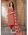 Red Poly Cotton Designer Printed Churidar Suit