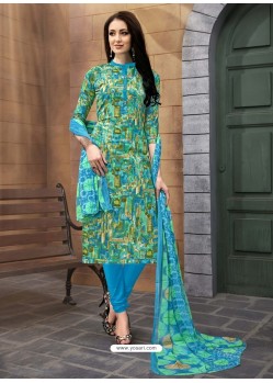 Turquoise And Multi Colour Poly Cotton Designer Printed Churidar Suit