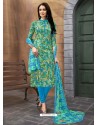 Turquoise And Multi Colour Poly Cotton Designer Printed Churidar Suit