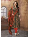 Tomato Red And Multi Colour Poly Cotton Designer Printed Churidar Suit
