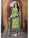Green And Dull Grey Poly Cotton Designer Printed Churidar Suit
