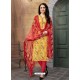 Yellow And Red Poly Cotton Designer Printed Churidar Suit