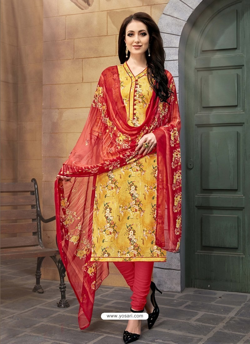 Designer Red And Yellow Cotton Satin Patiala Salwar Suit in Coimbatore at  best price by DHAGA FASHION - Justdial