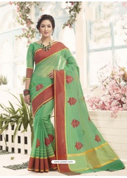 Jade Green Cotton Silk Embroidered Designer Saree