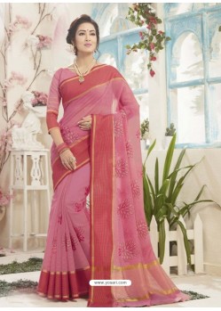 Light Pink Cotton Silk Embroidered Designer Saree