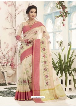 Cream Cotton Silk Embroidered Designer Saree