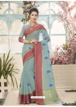 Grey Cotton Silk Embroidered Designer Saree