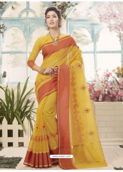 Yellow Cotton Silk Embroidered Designer Saree