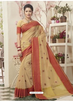 Beige Cotton Silk Embroidered Designer Saree